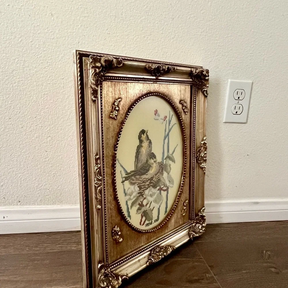 1977 Elegant Gold Framed Bird Embroidery Art 14/18 inch